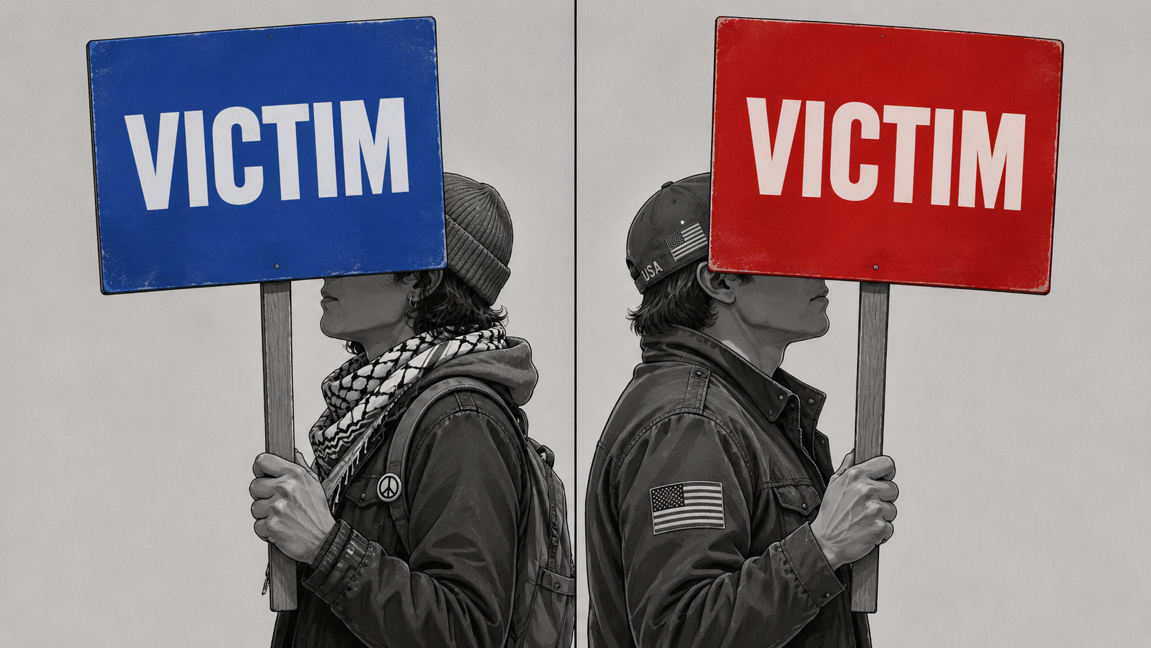 Two protesters back to back, one holding a blue VICTIM sign and the other holding an identical red VICTIM sign