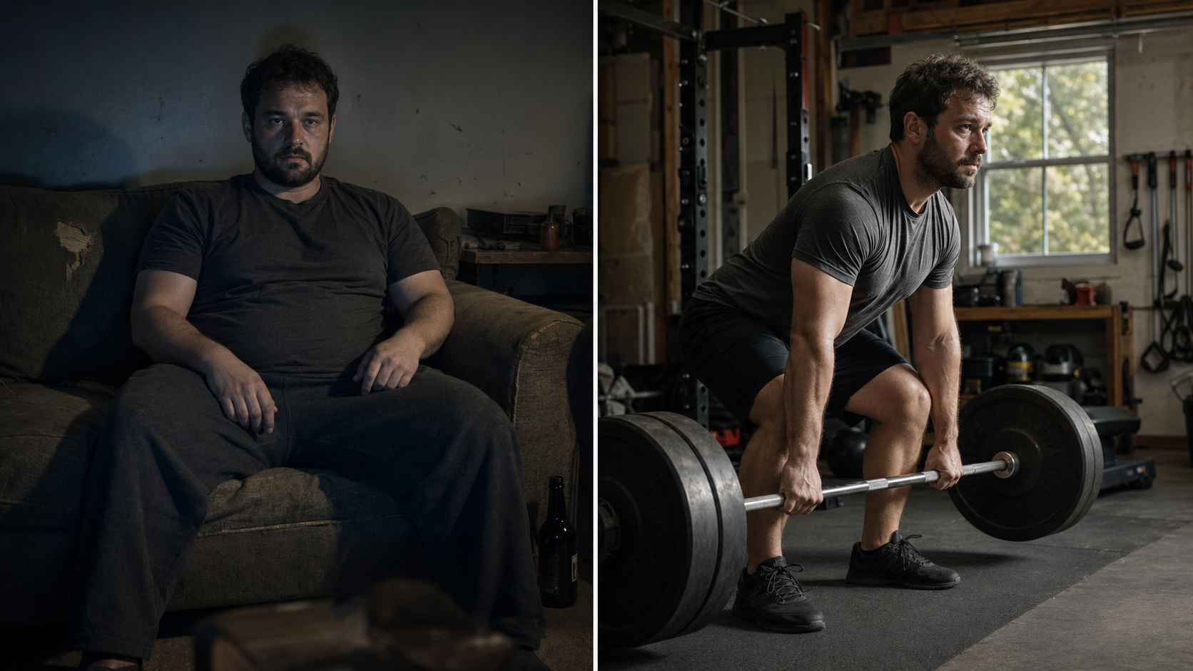 Same man twice, slumped on a couch in a dark room, then deadlifting a heavy barbell in a garage gym