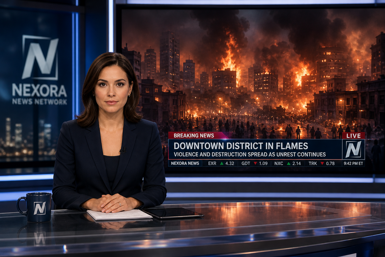 Female news anchor sits composed at a broadcast desk while a city engulfed in flames fills the monitor behind her, breaking news chyron reads Downtown District in Flames