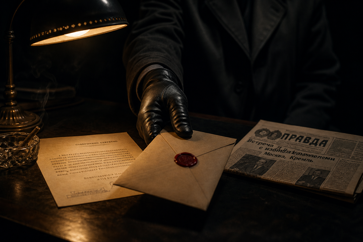 Black-gloved hand placing a wax-sealed envelope on a dark desk beside a Pravda newspaper, lit by a single amber desk lamp