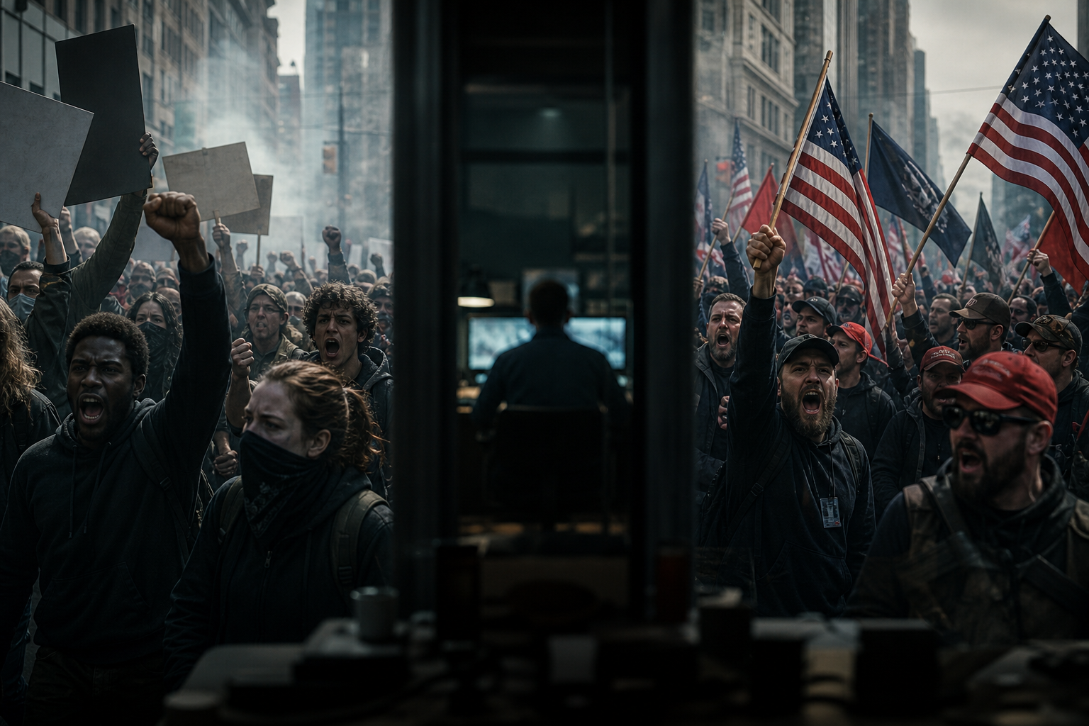 Two opposing protest crowds fill a city street, one side with raised fists, the other with American flags, a lone silhouetted figure visible at a desk through a window between them