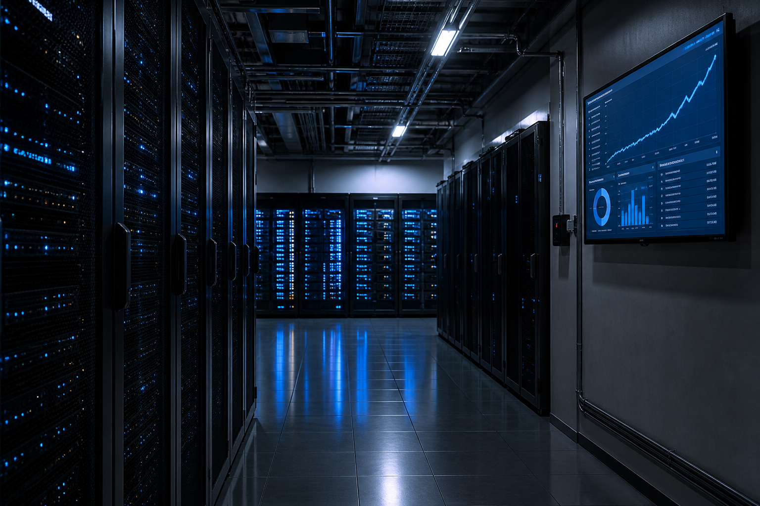Empty server room corridor lined with blue-lit server racks, wall-mounted monitor on the right displays climbing analytics charts, no people present
