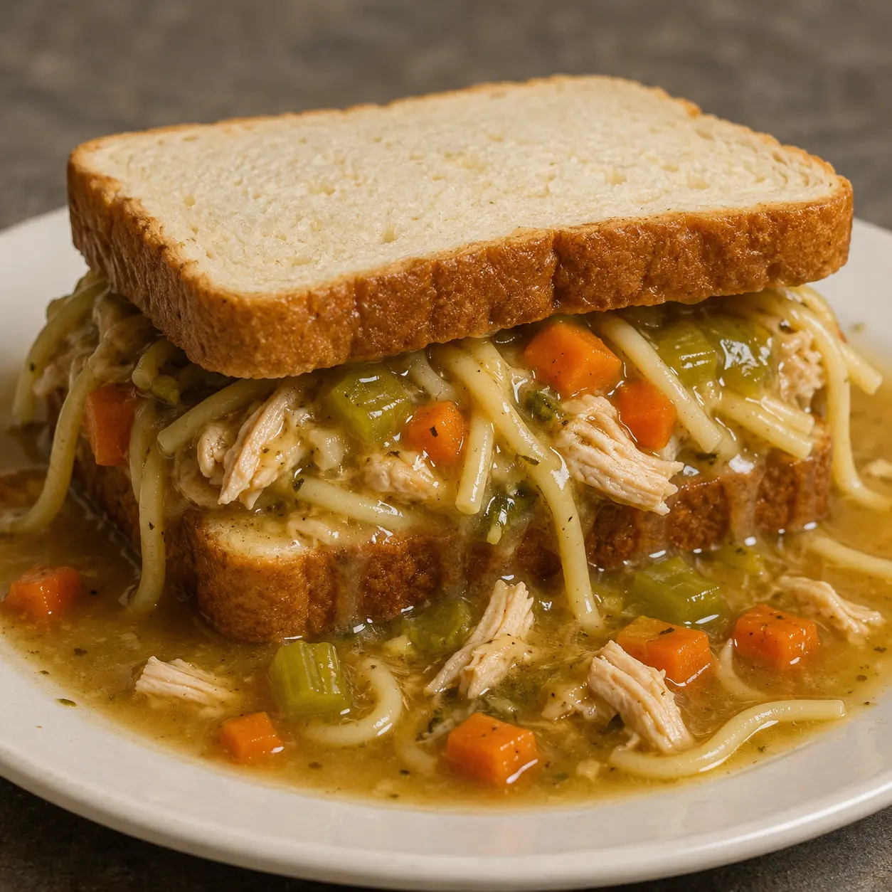Two slices of white bread sandwiching chicken noodle soup, broth and carrot pieces spilling onto a white plate.