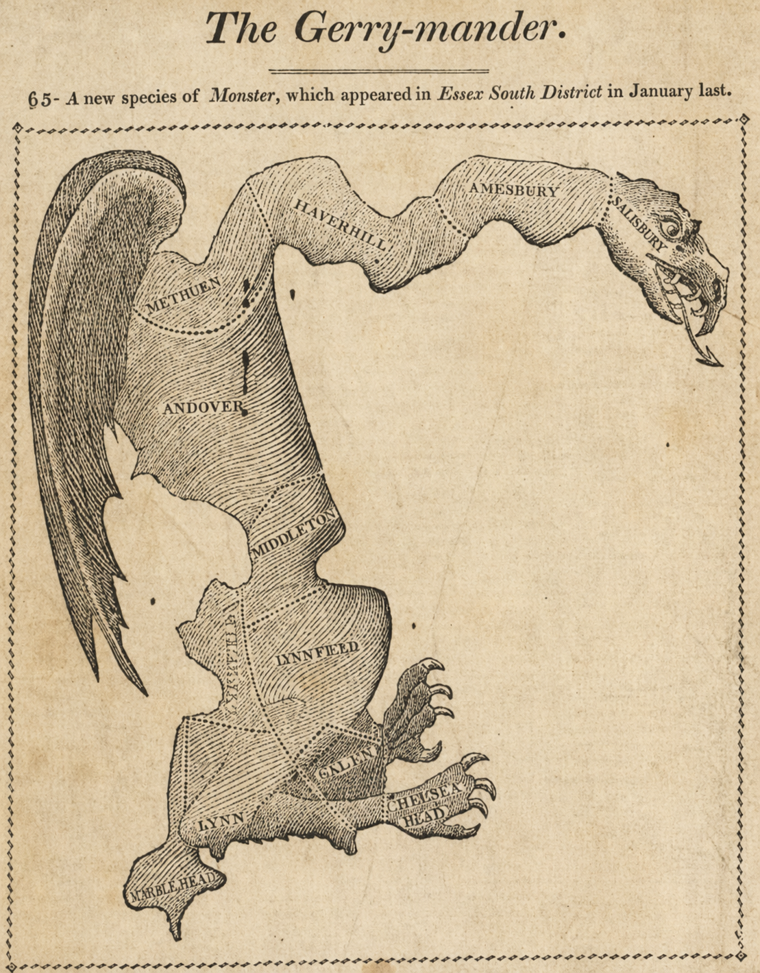 The Gerry-mander. An 1812 political cartoon from the Boston Gazette showing the elongated, salamander-shaped Essex South district in Massachusetts, with town names including Haverhill, Andover, Methuen, Middleton, Lynnfield, and Lynn labeled within its borders. This cartoon coined the term gerrymander.