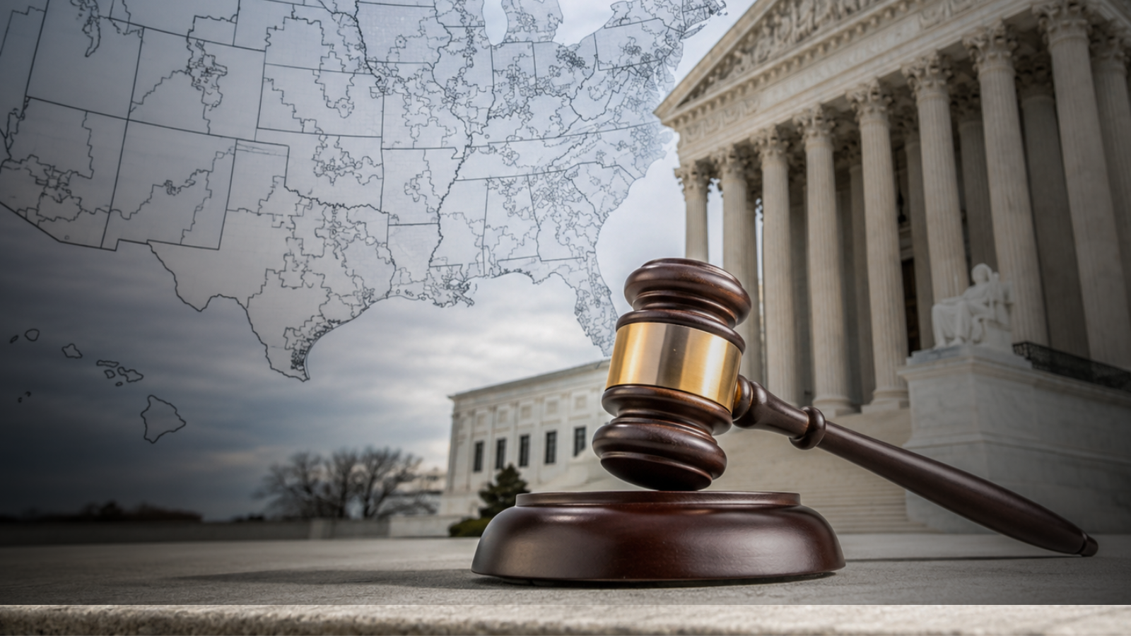 A gavel in the foreground with the Supreme Court building exterior visible behind it, overlaid with a faded U.S. congressional district map.
