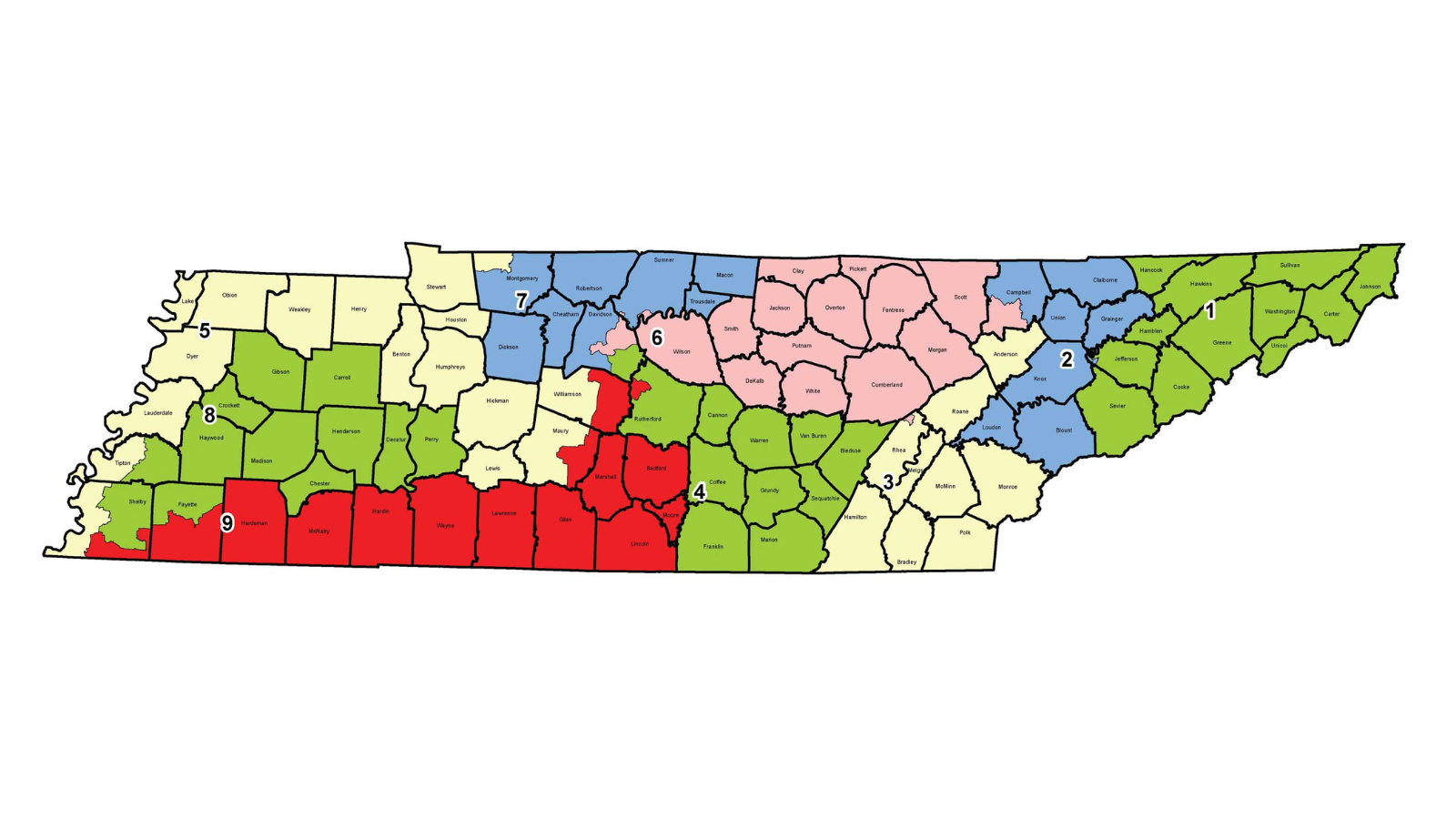 Tennessee state map with nine color-coded congressional districts shaded in green, blue, pink, red, and cream, showing the geographic boundaries including the Memphis area in the southwest corner.